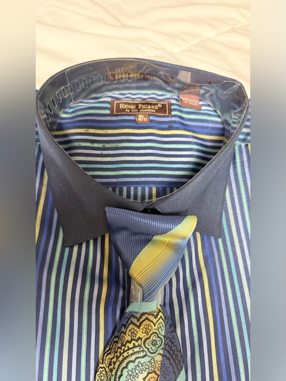 Henri Picard Men’s Blue & Navy Stripe Dress Shirt with Contrast Collar
